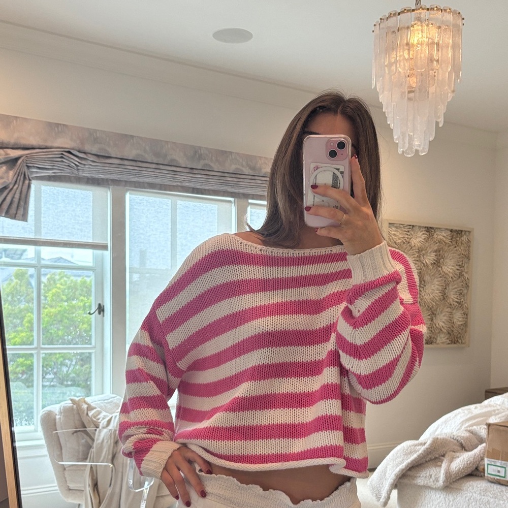 Pink and White Striped Women's Sweater